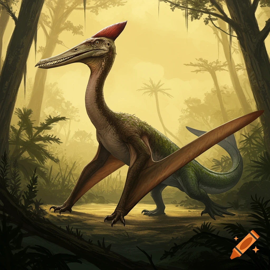 A hybrid pterodactyl and dinosaur creature stands in a jungle.