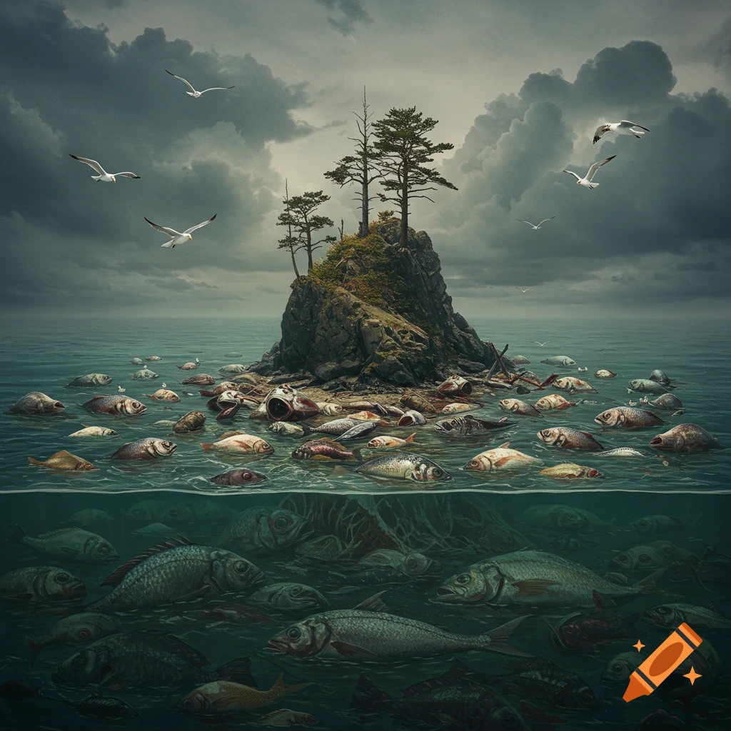 Dead fish float around a small rocky island in the ocean under a stormy sky, with seagulls flying.