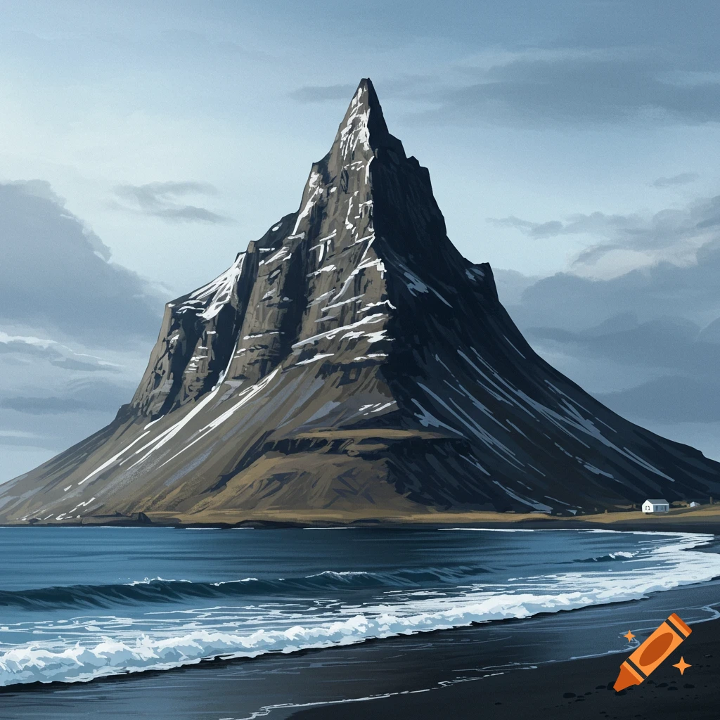 A large, jagged mountain rises from a black sand beach and ocean under a cloudy sky, painted style.