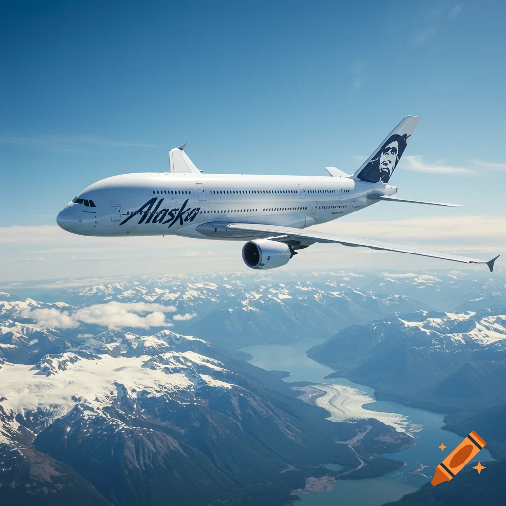A white and blue airplane with 'Alaska' text flies over snowy mountains and a body of water under a blue sky.