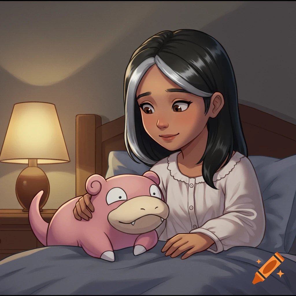 Cartoon girl and Slowpoke in bed