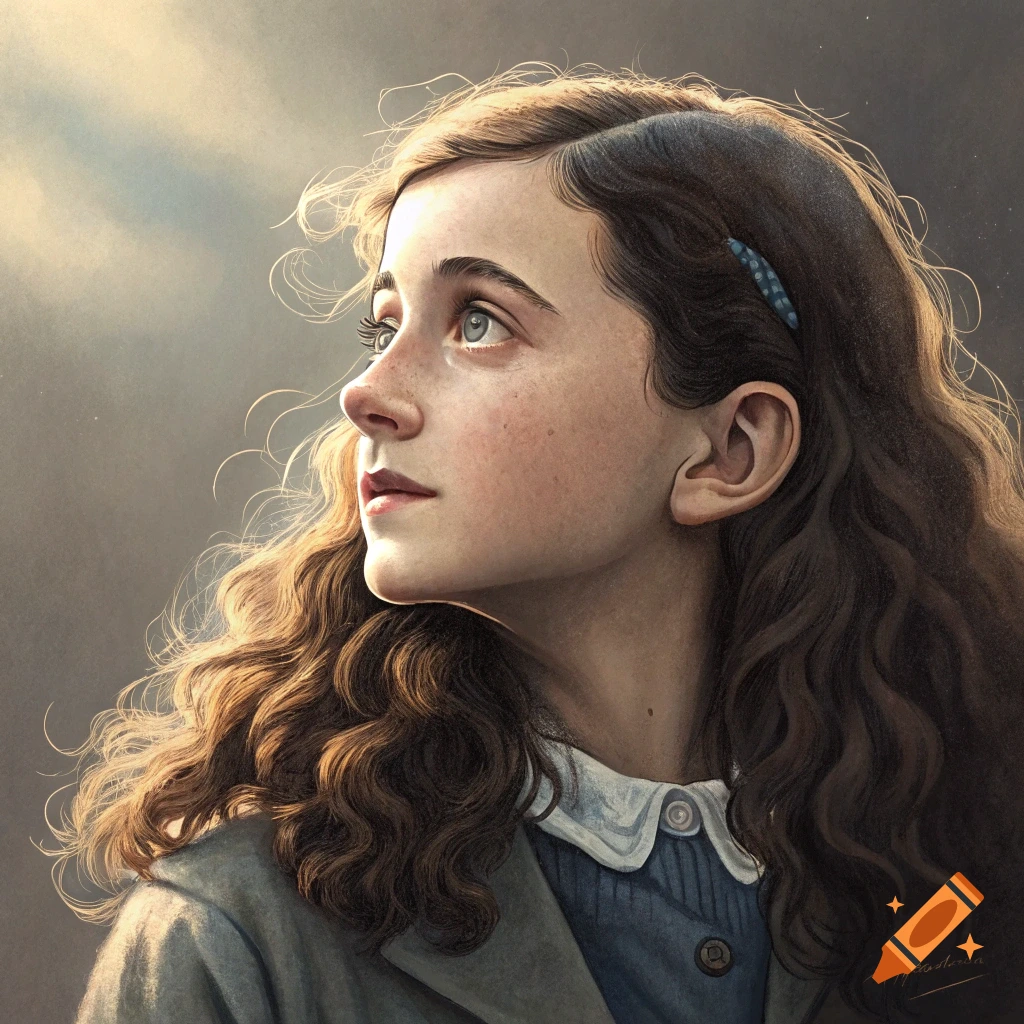 Illustration of a young girl with long curly hair looking up, profile view.