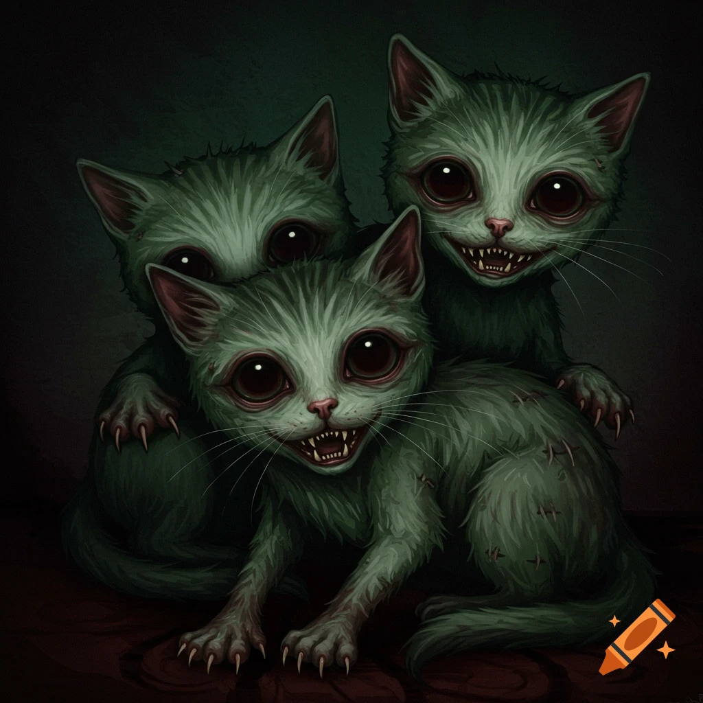 Three creepy green kittens with stitches, sharp teeth, and claws.