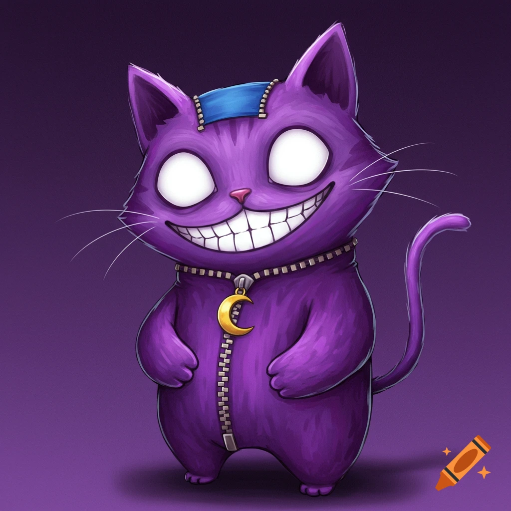 Illustration of a purple cartoon cat with a creepy smile, zipper, and moon pendant.