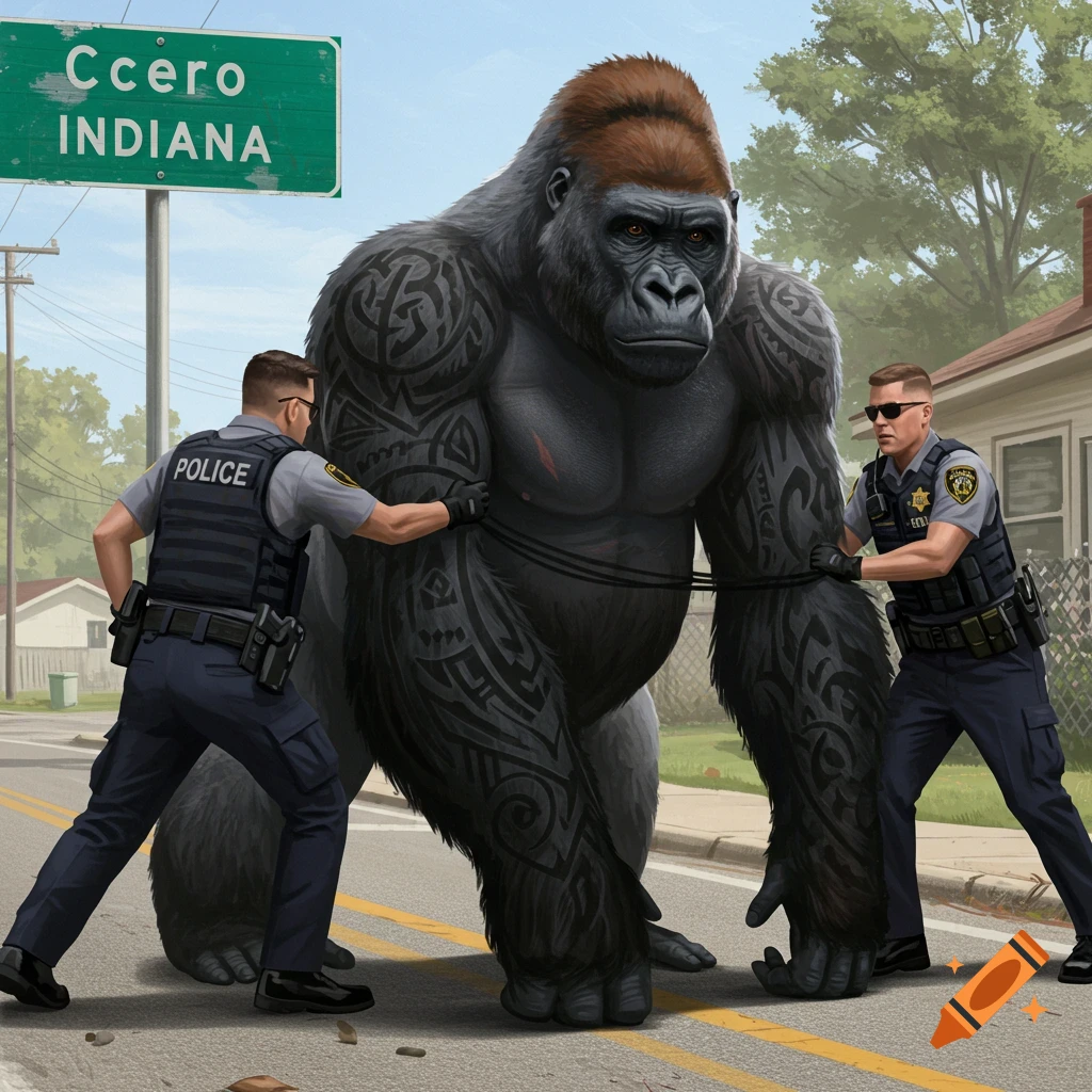 Two police officers arrest a giant tattooed gorilla on a street near a sign that says Ccero Indiana.