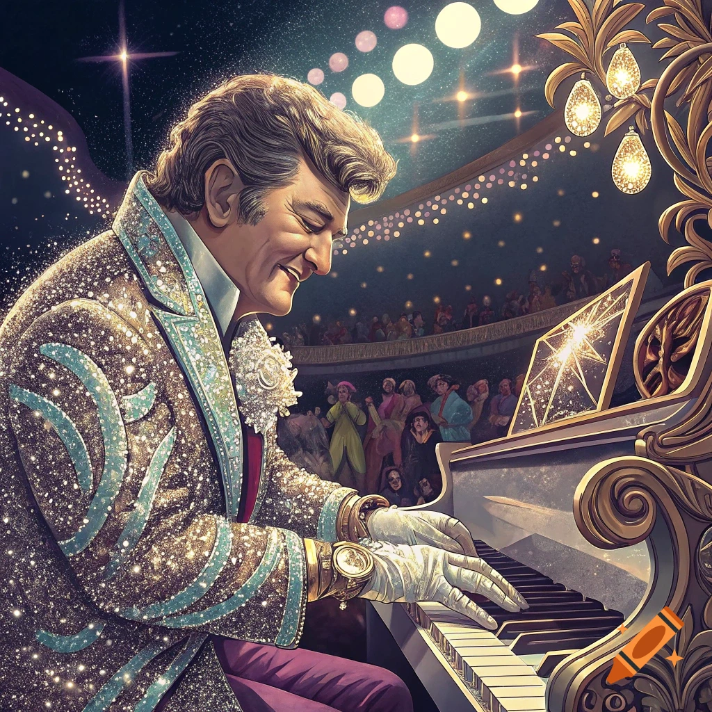 A man in a sparkly suit plays piano on stage for an audience under bright lights.