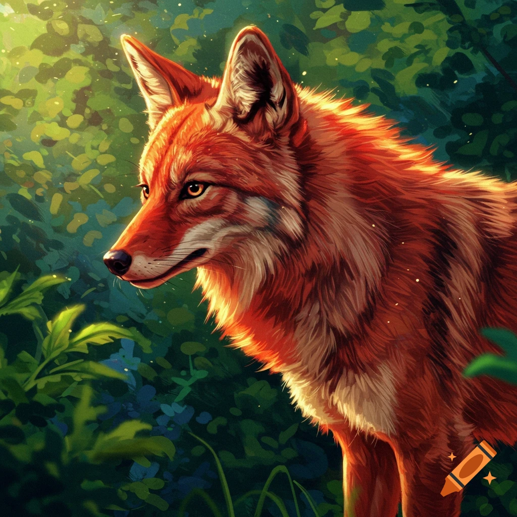 Red coyote in a sunlit forest clearing