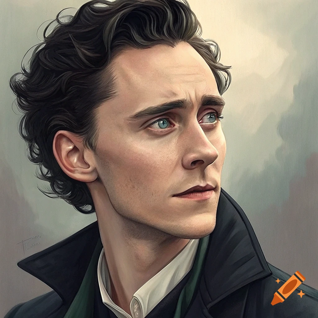 Painterly portrait of a man with dark curly hair and blue eyes looking up.