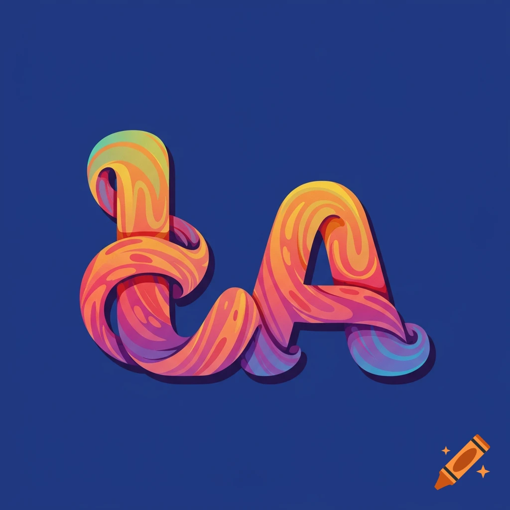 Stylized, twisted letters L and A in bright, swirling colors against a blue background.