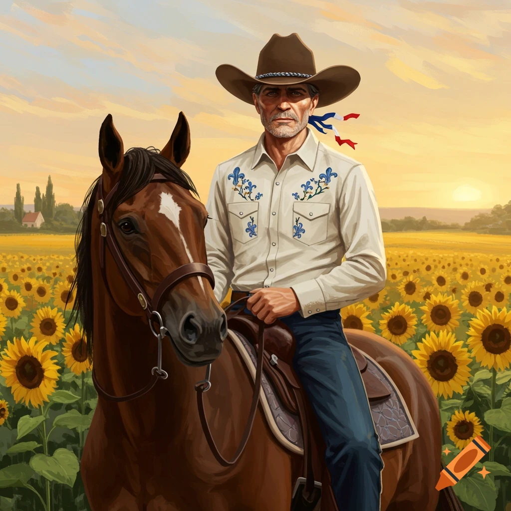 An illustration of a man on a horse in a sunflower field at sunset.