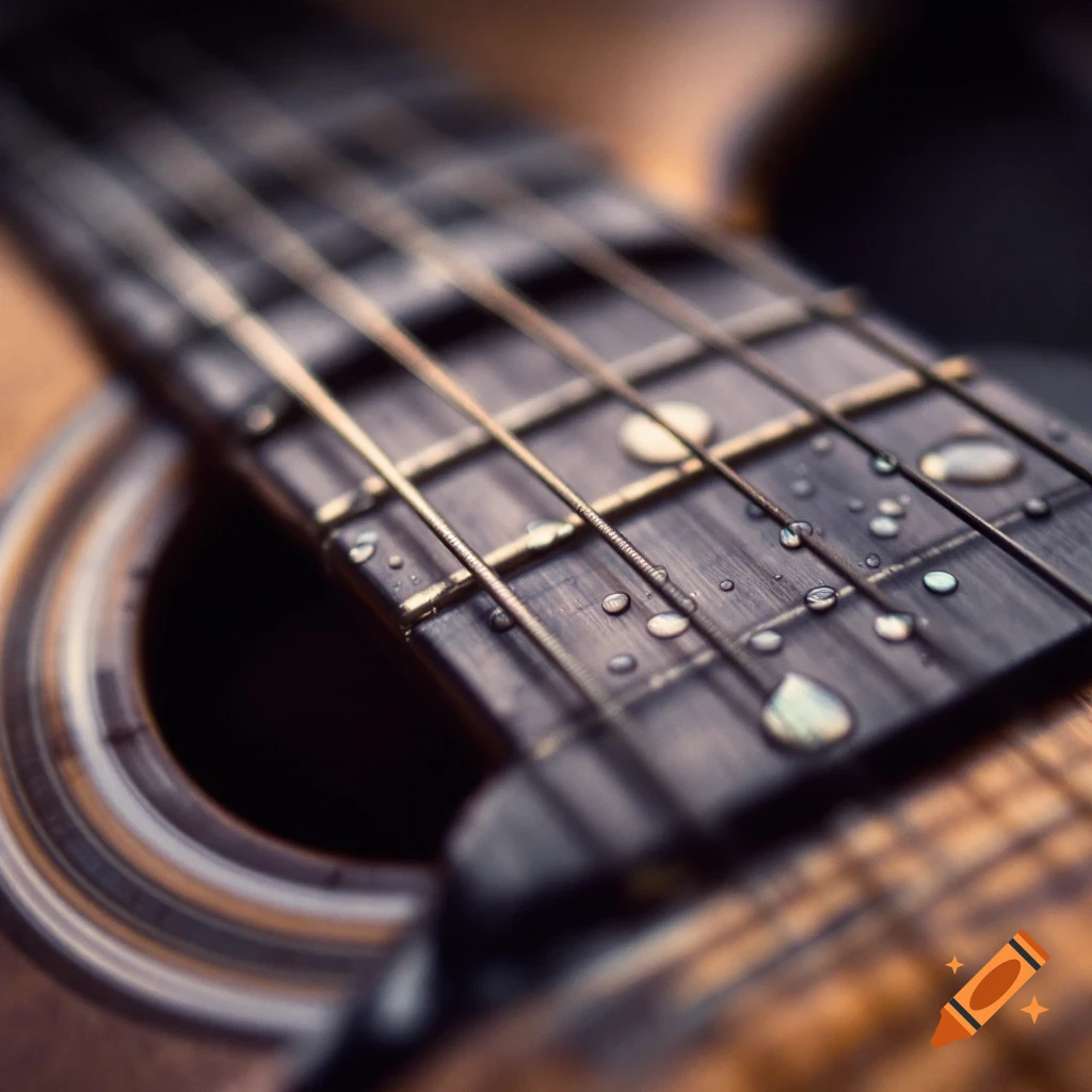 Close-up photo of guitar fretboard and strings with water drops