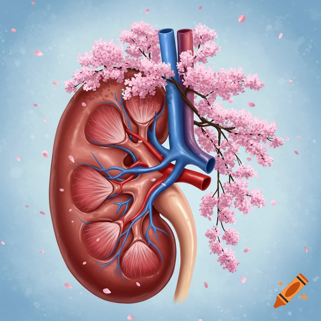 Illustration of a human kidney intertwined with a flowering cherry blossom branch.
