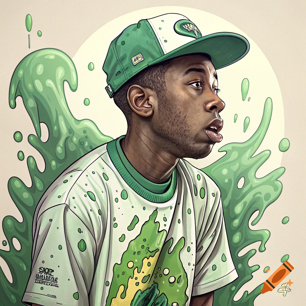 Stylized illustration of Tyler the Creator with green slime splashes.
