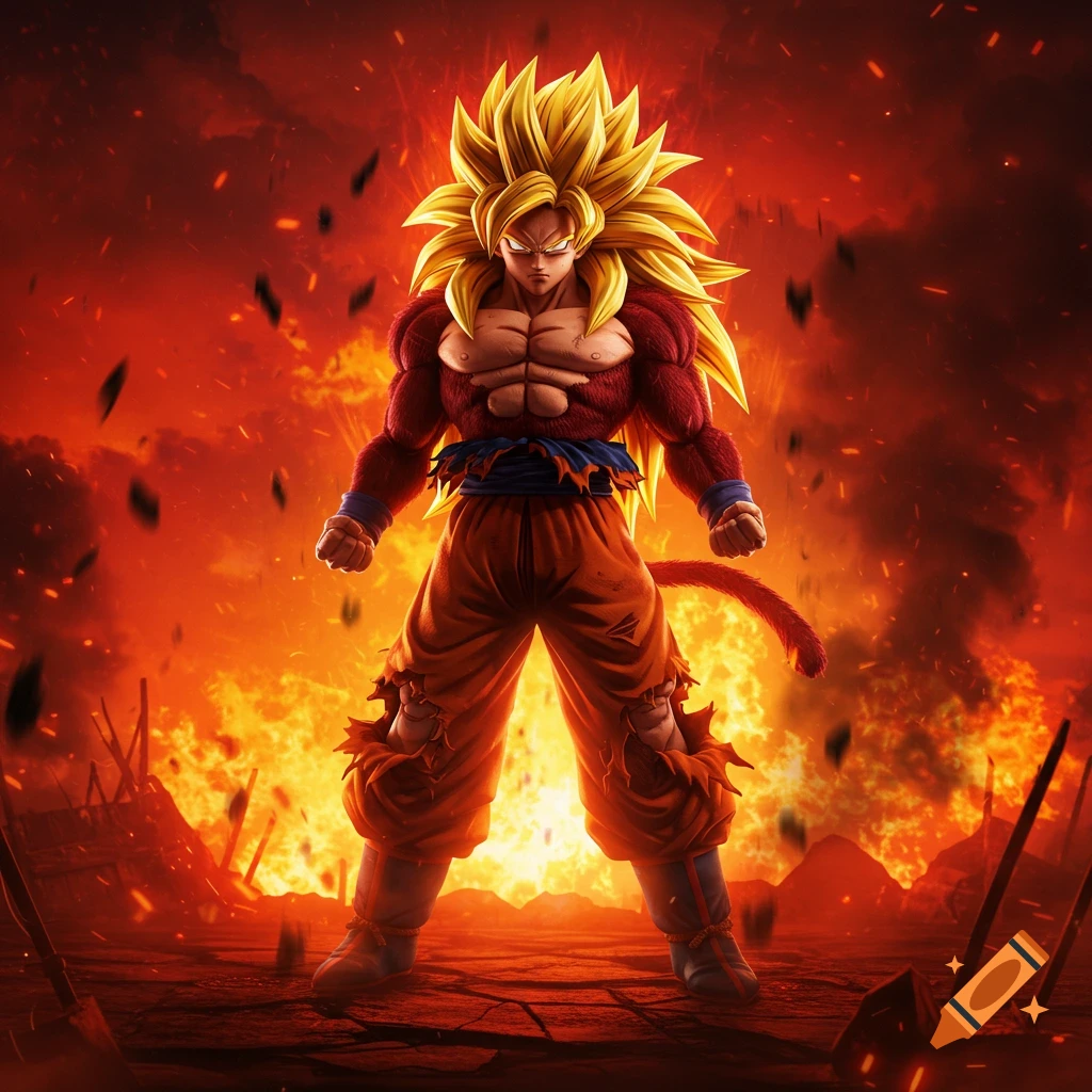 Goku in Super Saiyan 4 form stands in a fiery, destroyed landscape