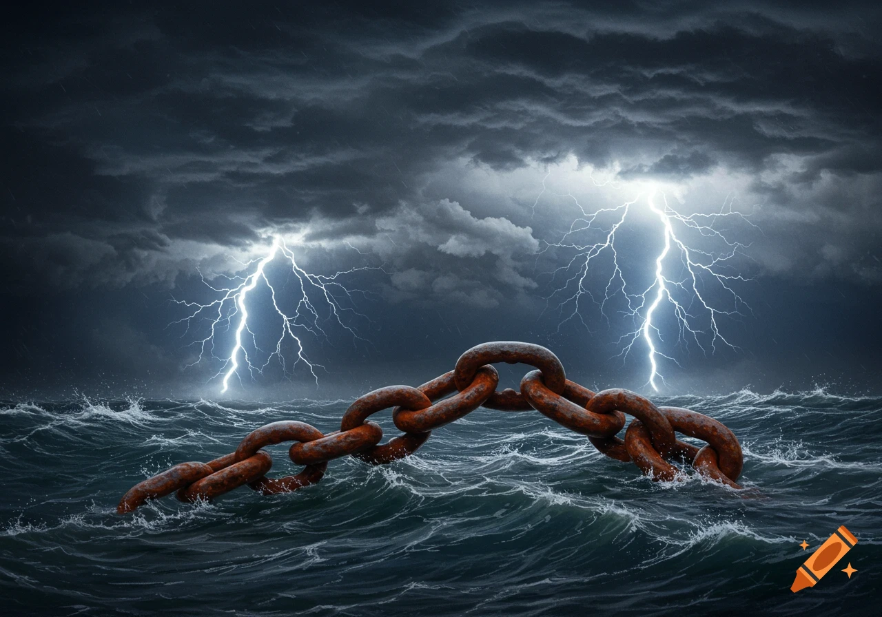 A heavy rusty chain bobs in a stormy ocean under a dark sky with lightning.