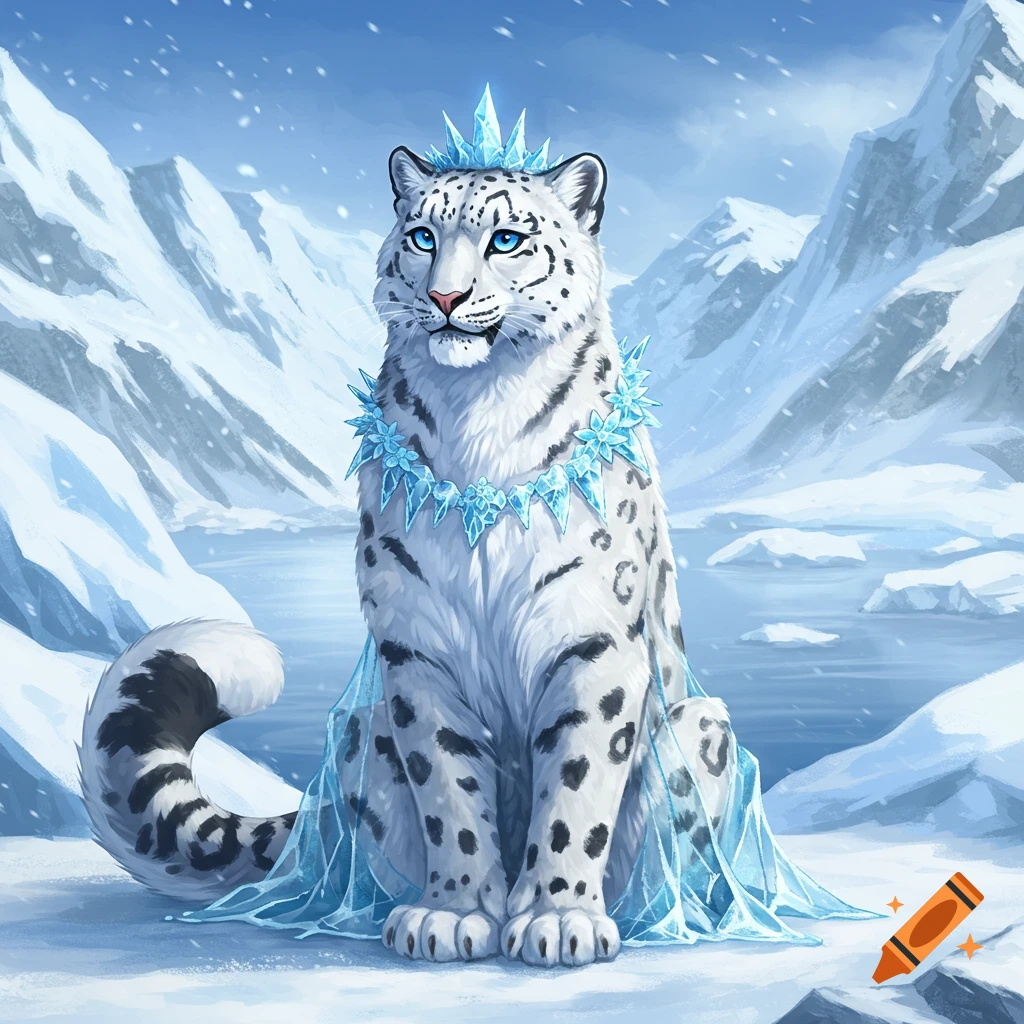 A snow leopard wears a crystal crown and necklace in a snowy mountain landscape, digital art.