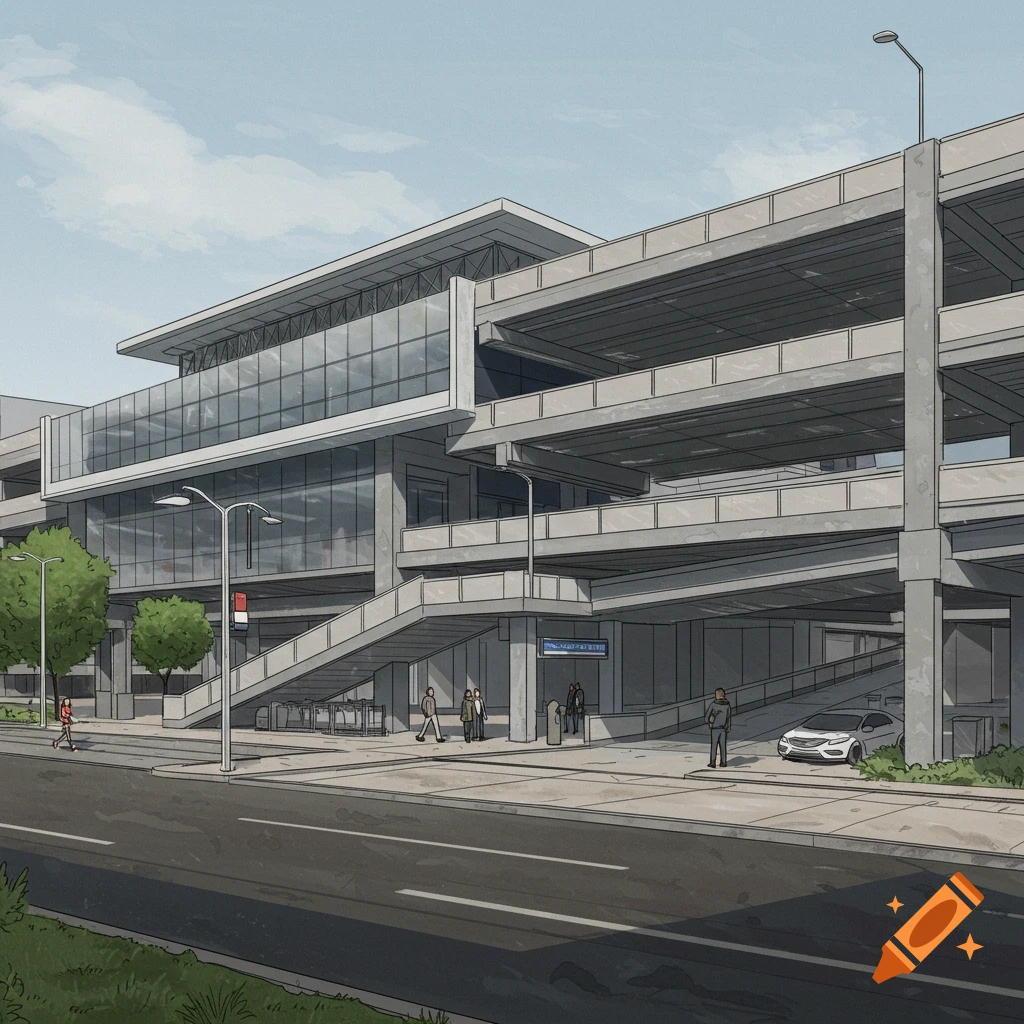 Drawing of a modern train station and parking garage with people on the sidewalk.