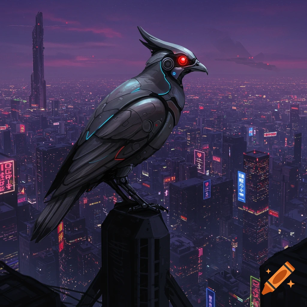 A large robotic bird perches over a neon-lit futuristic cityscape.