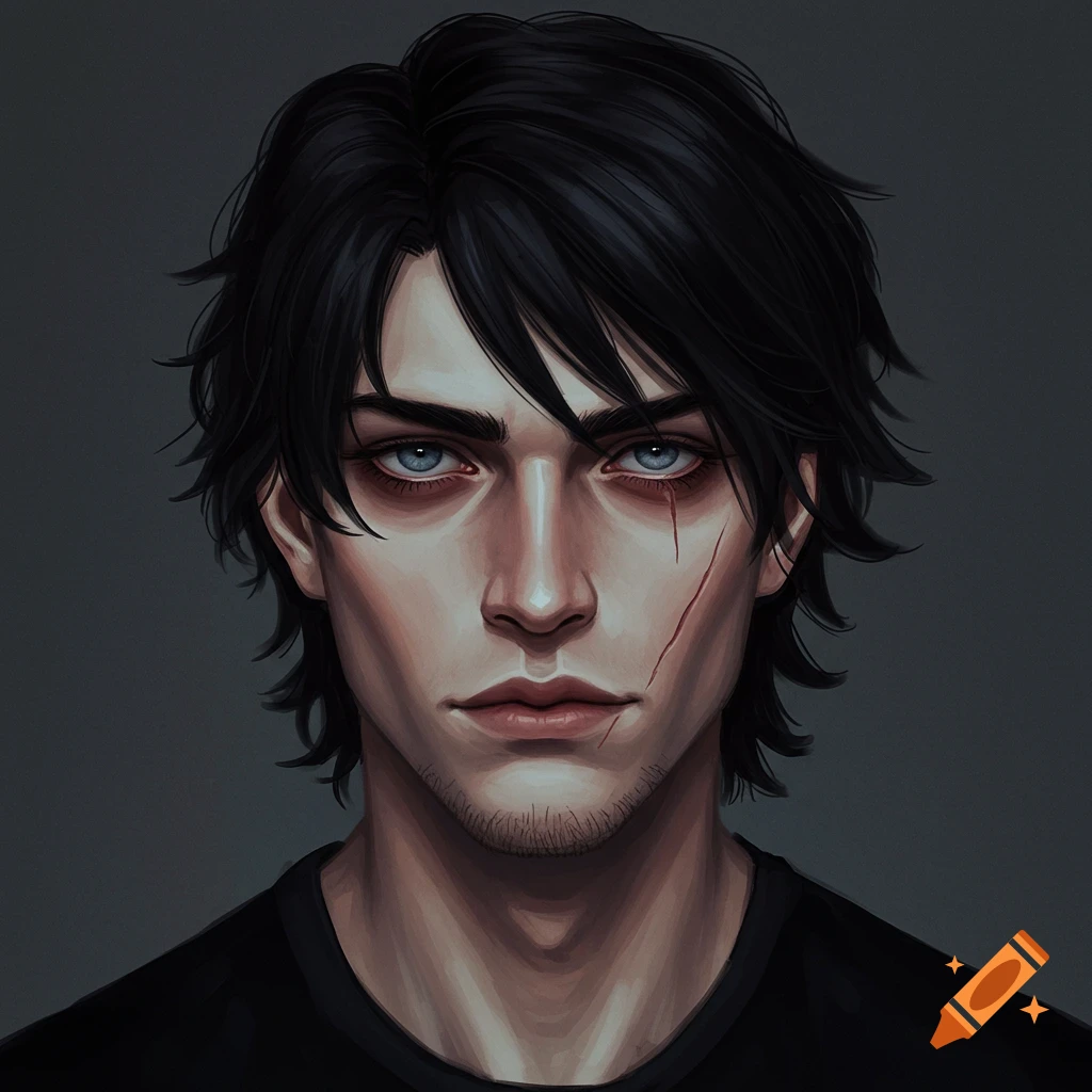 A portrait of a young man with dark hair, blue eyes, and a cheek scar.