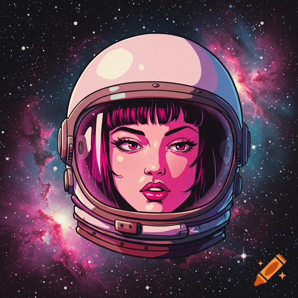 Pulp style portrait of a woman in a space helmet against a nebula backdrop.
