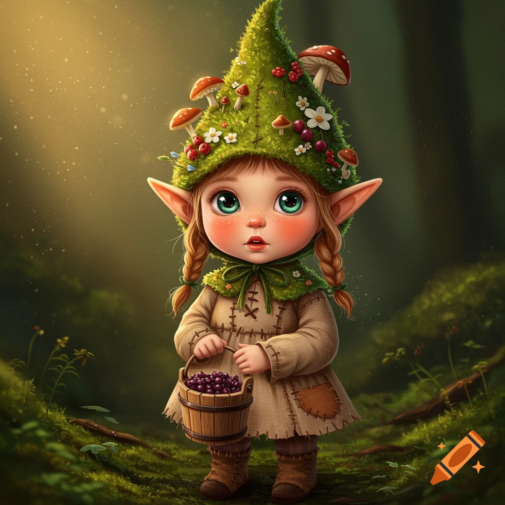 A cute fantasy illustration of a child-like gnome or elf with big eyes, wearing a mossy hat with mushrooms and berries, holding a basket of berries in a forest.
