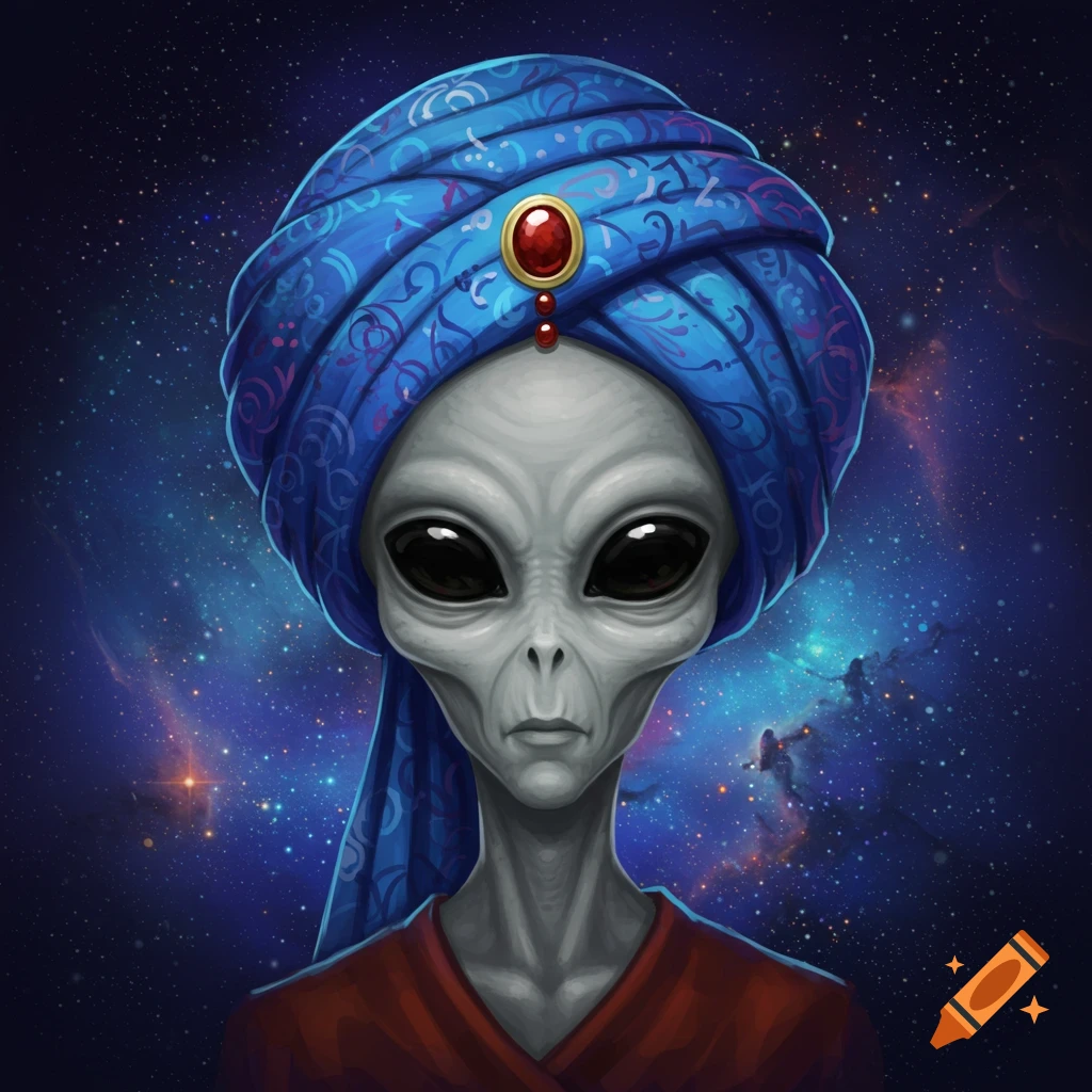 An illustration of a gray alien wearing a blue turban with a red gem against a starry space background.