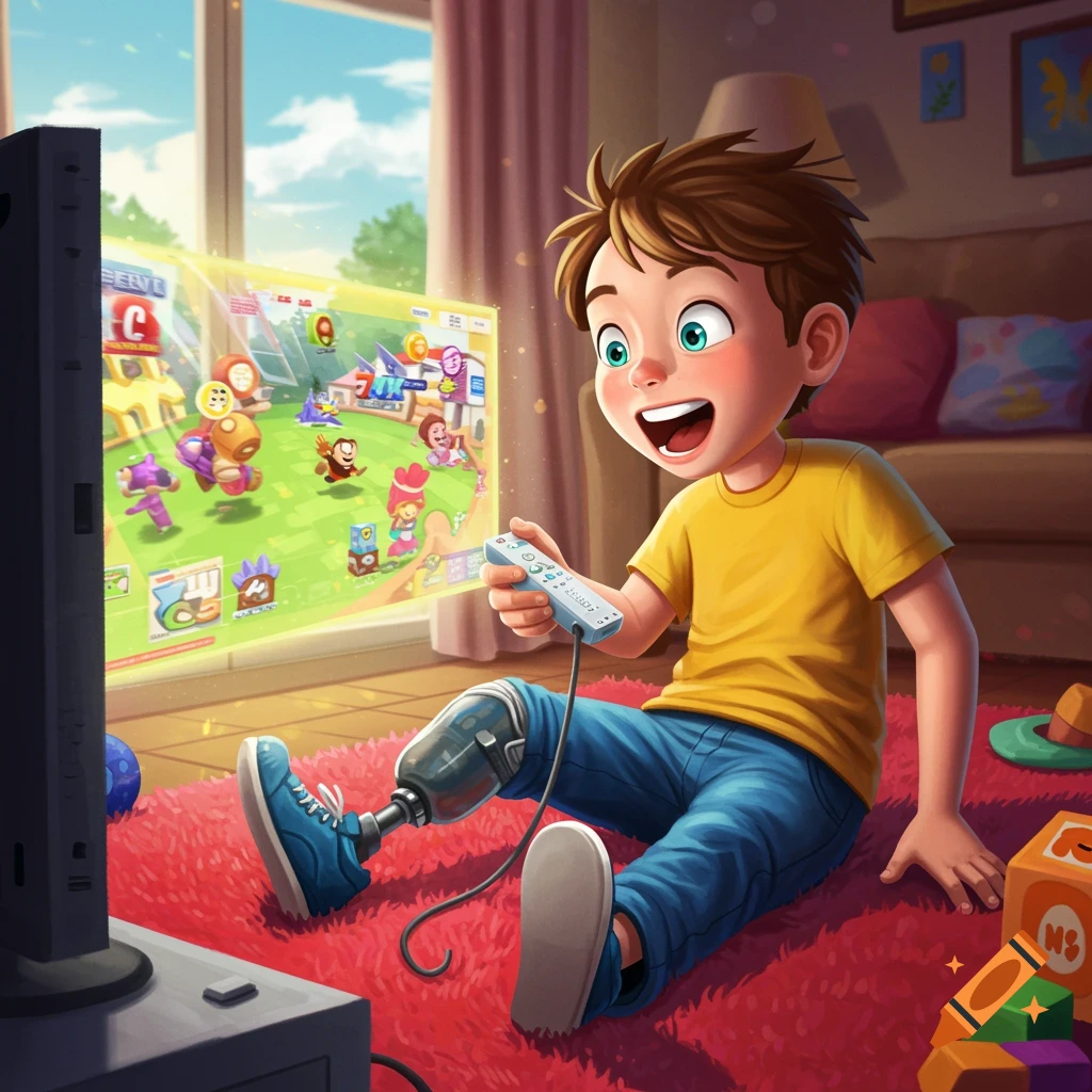 Illustration of a smiling boy with a prosthetic leg playing a video game on a large screen in a living room.