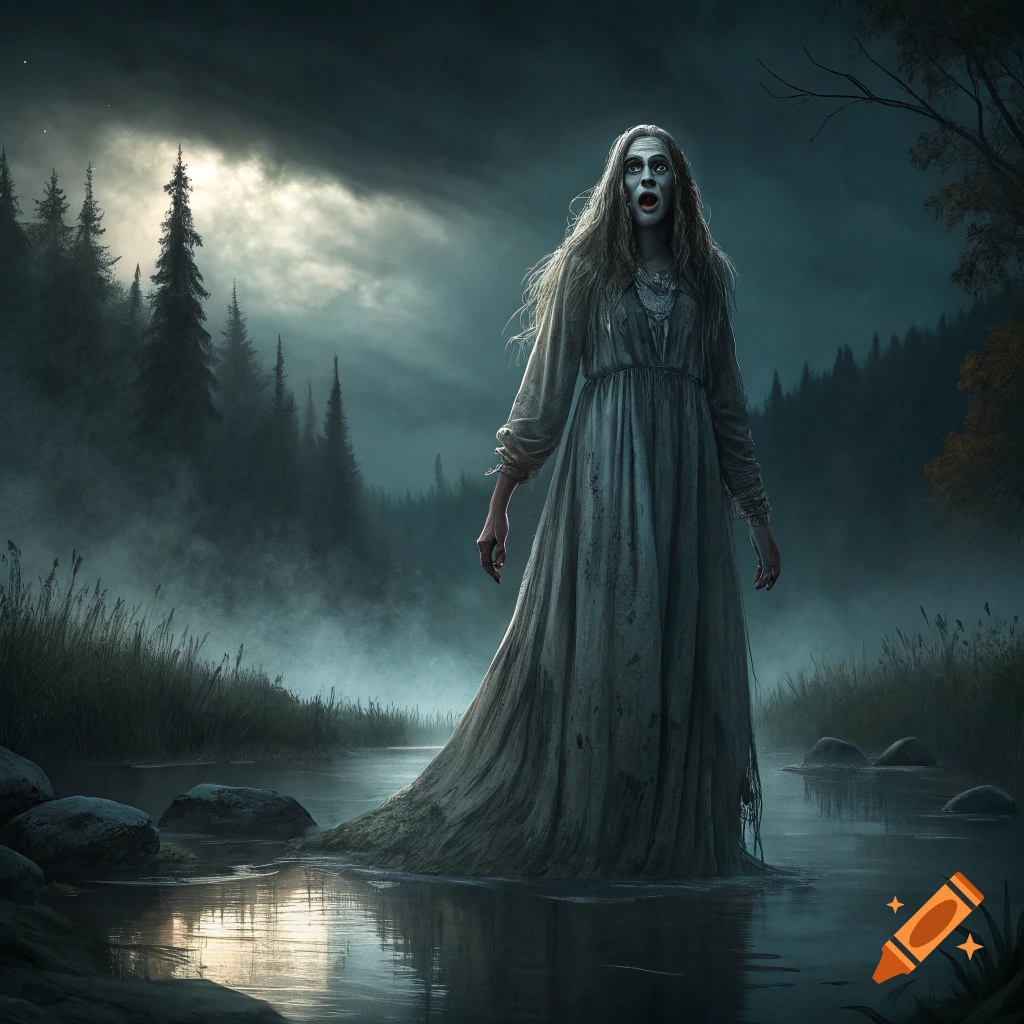 Ghostly woman in a long dress standing in a dark river at night.