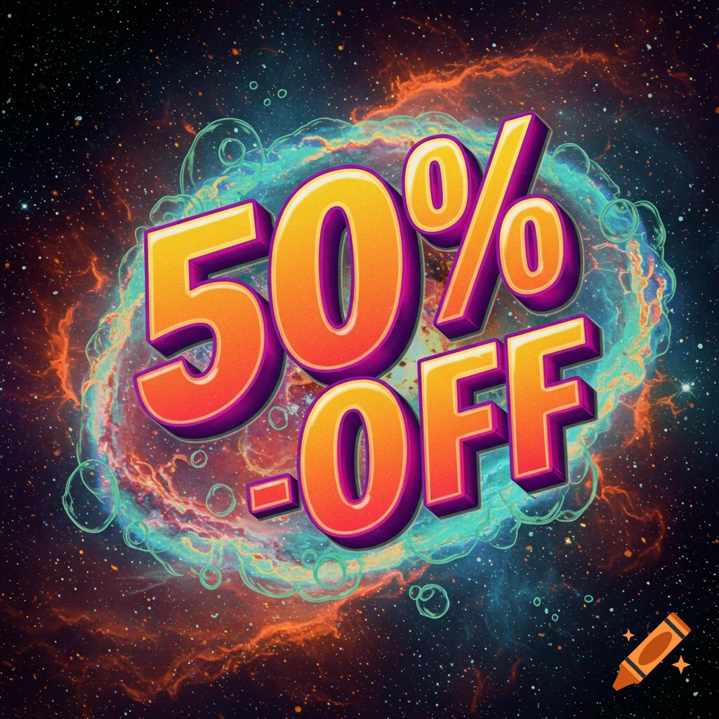Large colorful '50% OFF' text over a space background with nebula and bubbles.