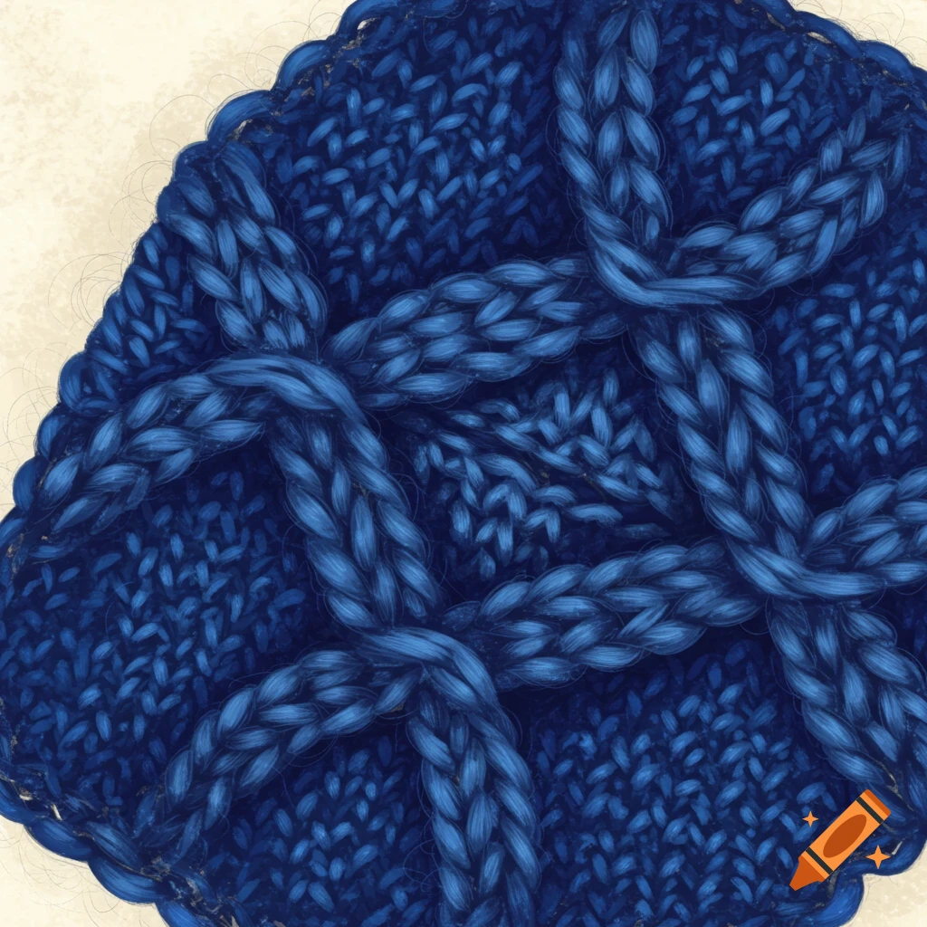 Close-up of a blue cable knitting pattern.