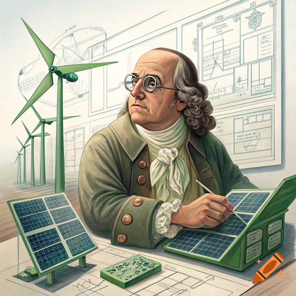 Benjamin Franklin sits at a desk with blueprints, studying solar panels and wind turbines.