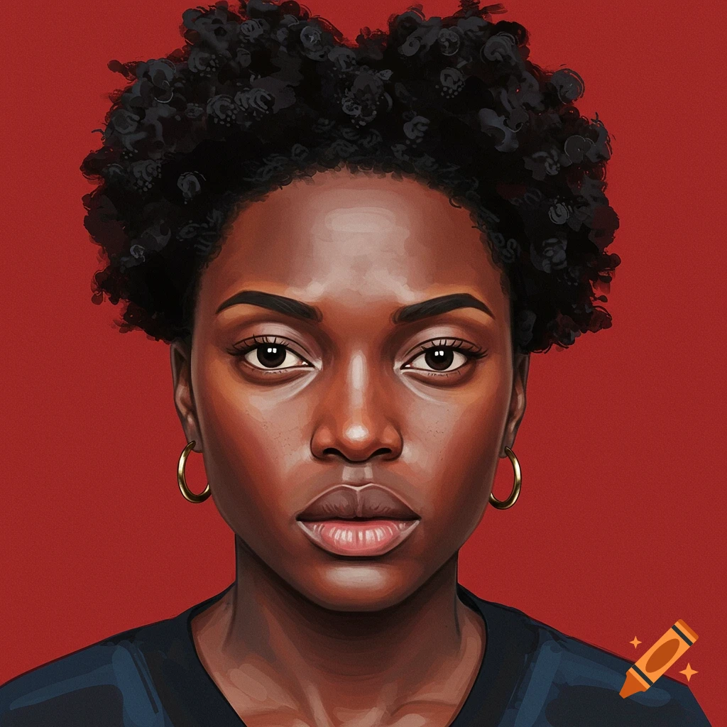 Portrait of a young Black woman with curly hair and gold earrings against a red background.