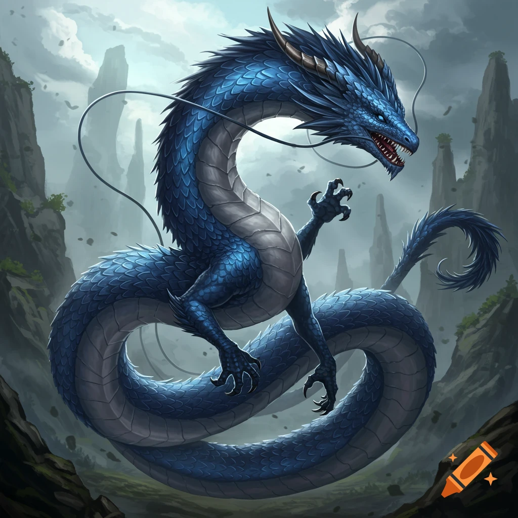 A large blue dragon coiled in a misty mountain landscape, digital fantasy art.