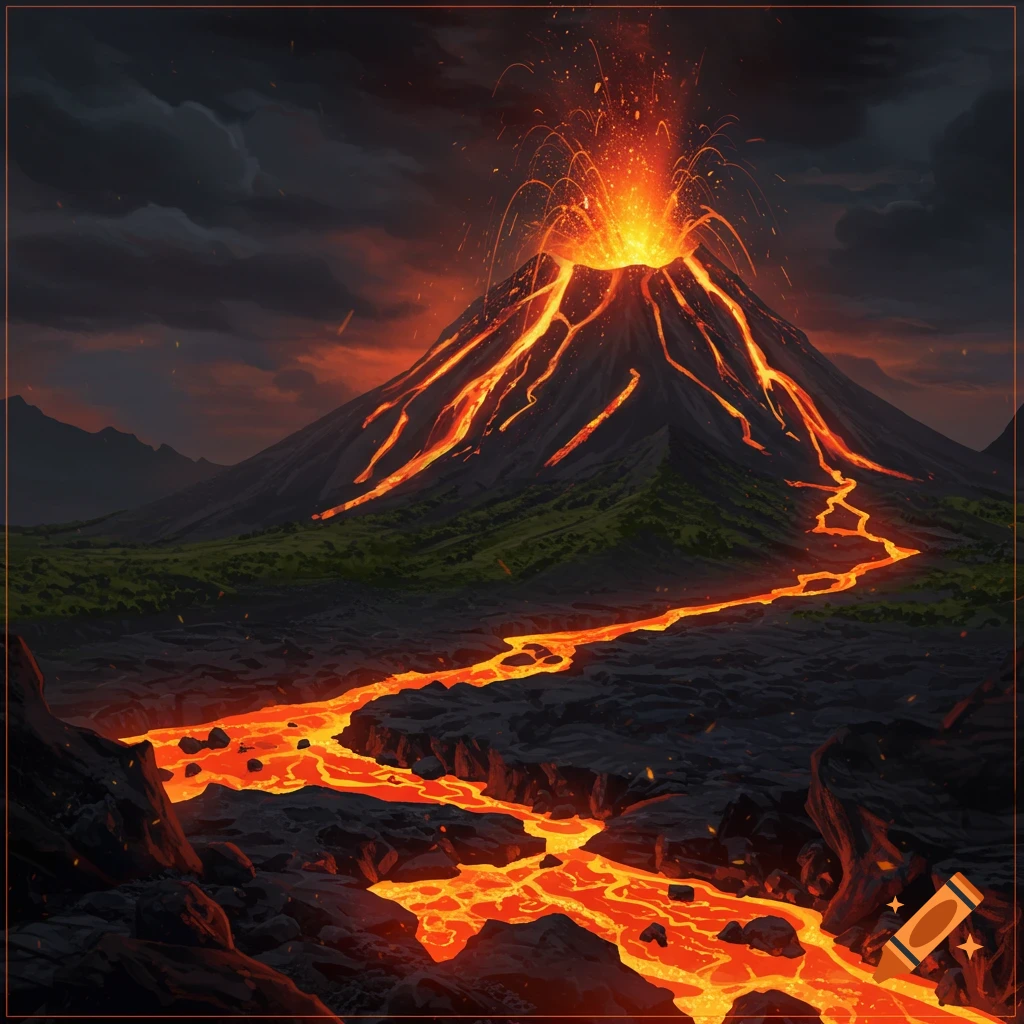 Dramatic illustration of a volcano erupting with a river of lava flowing down its side at night.