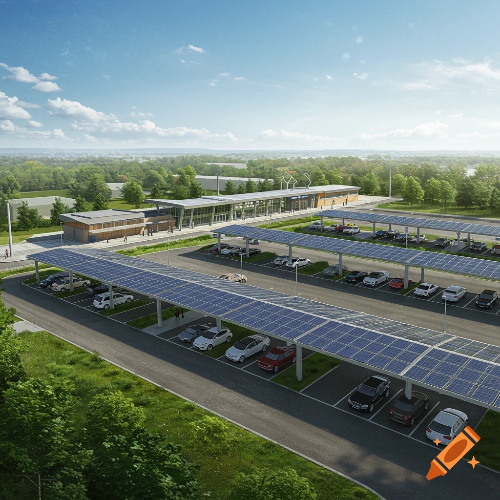 Architectural rendering of a light-rail station, parking lot covered with solar panels, and surrounding trees.
