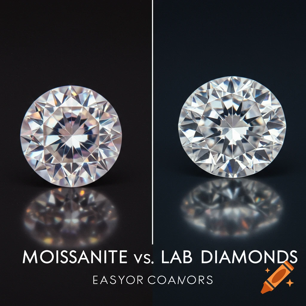 Two round faceted gemstones, Moissanite and Lab Diamond, on a split black and dark grey background with comparison text.