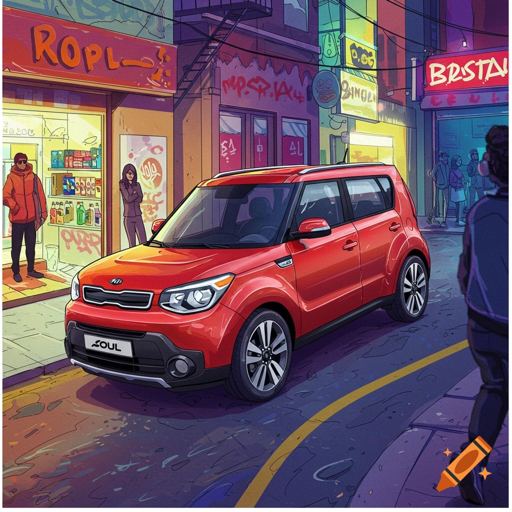Red Kia Soul parked on a city street at dusk, illustration style