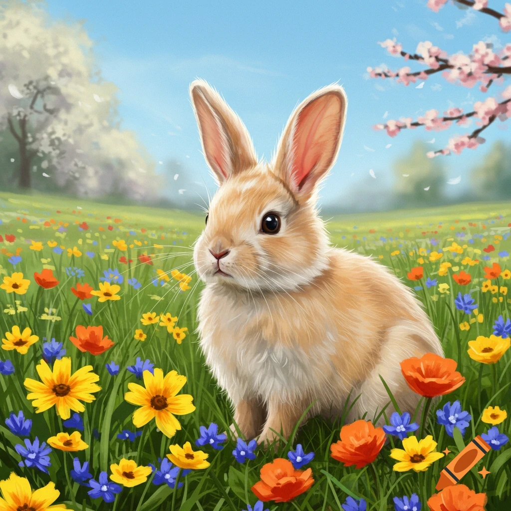 A realistic bunny sits in a field of colorful spring flowers.