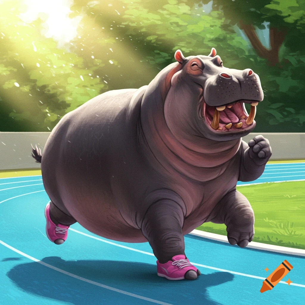 Cartoon hippo running on a track in pink shoes under sunny sky