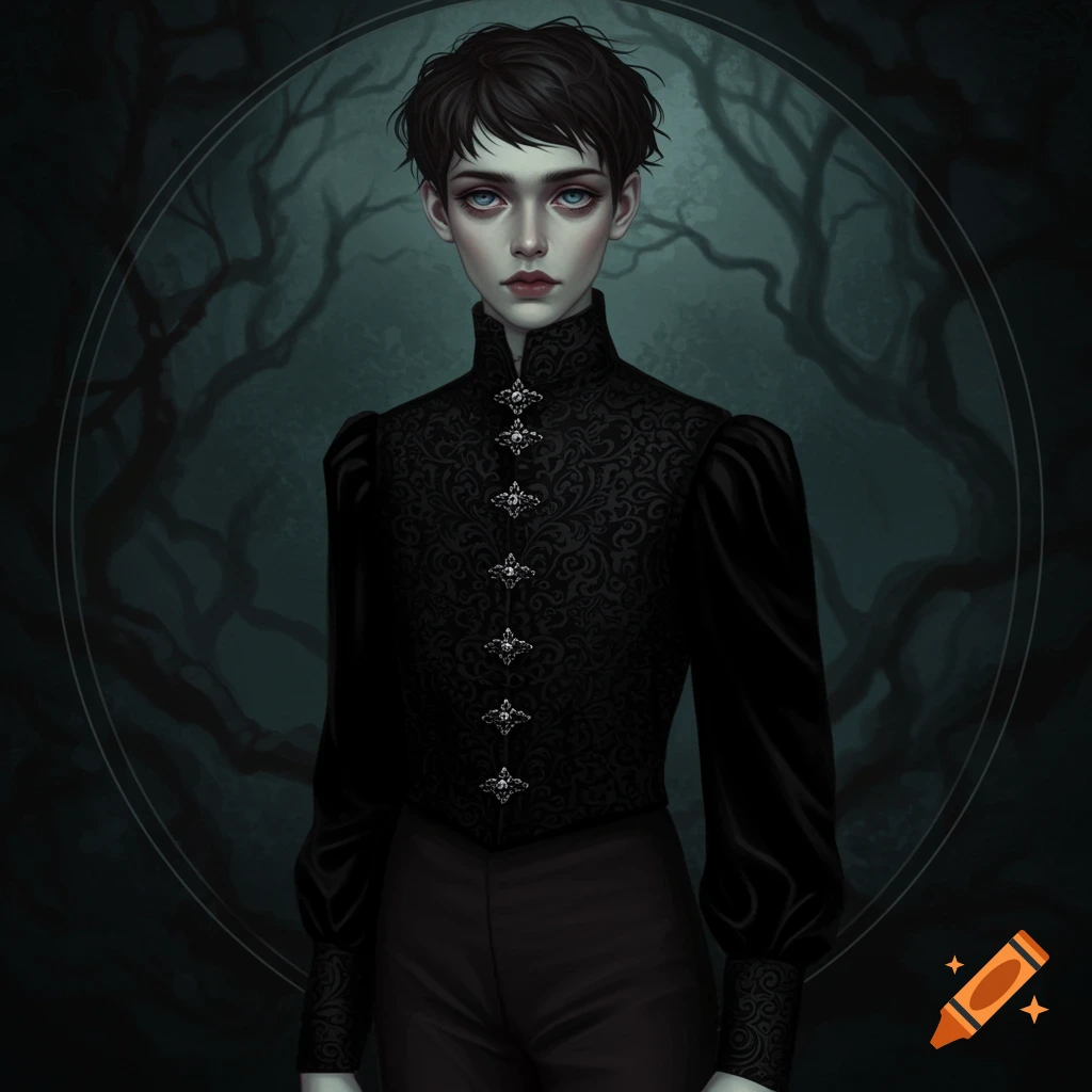A gothic-styled person in a black ornate jacket against a dark, stylized tree background.