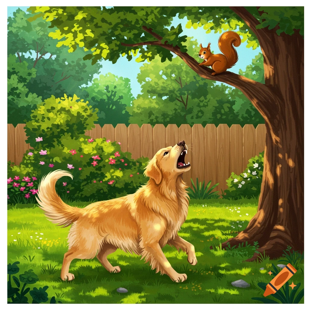 Illustration of a golden retriever barking up a tree at a squirrel in a sunny backyard.