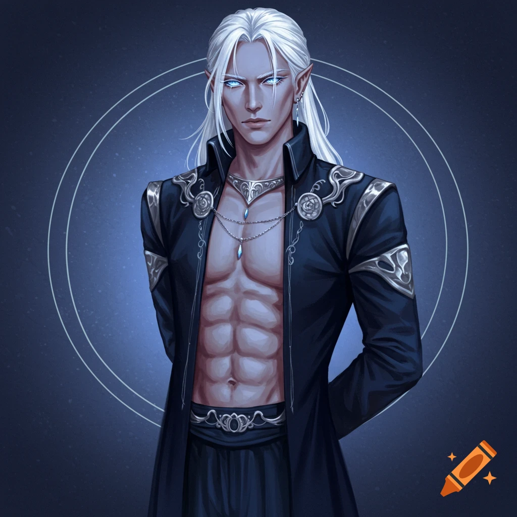 A fantasy portrait of an elf with white hair, blue eyes, silver jewelry, and a dark coat.