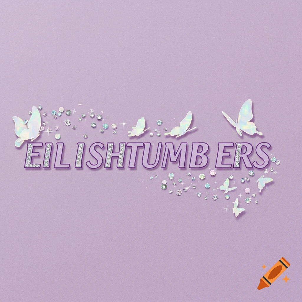 A lavender background with the word 'EILISHTUMBERS' made of rhinestones, surrounded by opal butterflies and gems.
