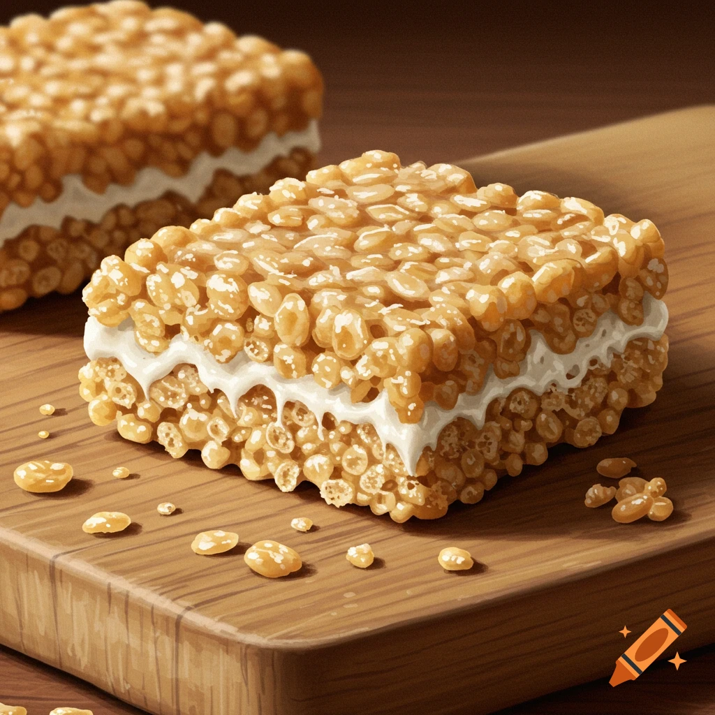 Two rice krispie treats on a wooden board