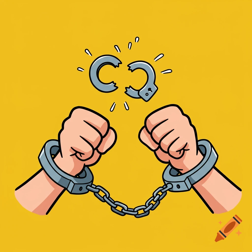 Cartoon hands breaking metal handcuffs open against a yellow background.