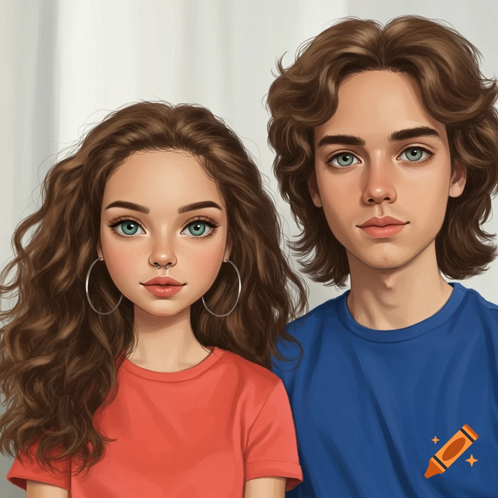 Stylized portrait of a young woman with curly hair and nose ring next to a young man with wavy hair.