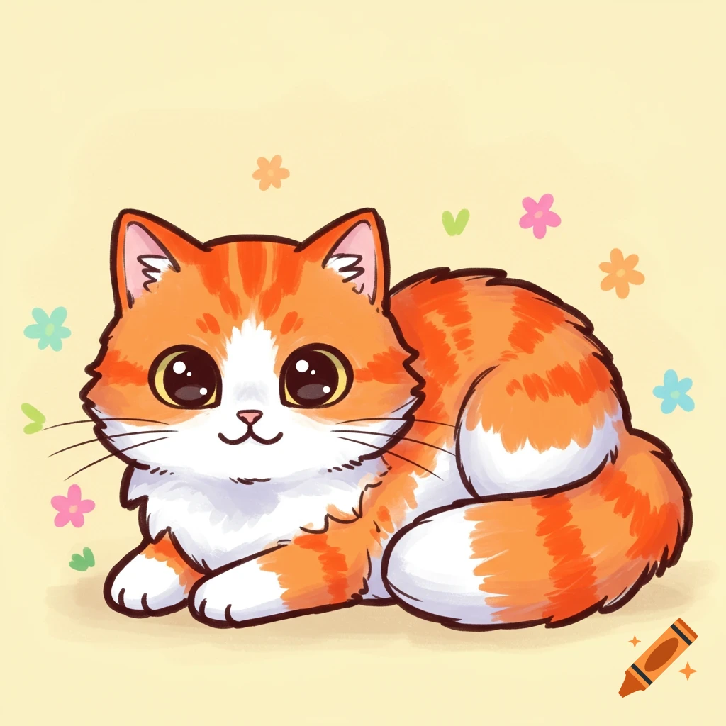 A cute cartoon orange tabby cat lies down, surrounded by small flowers.