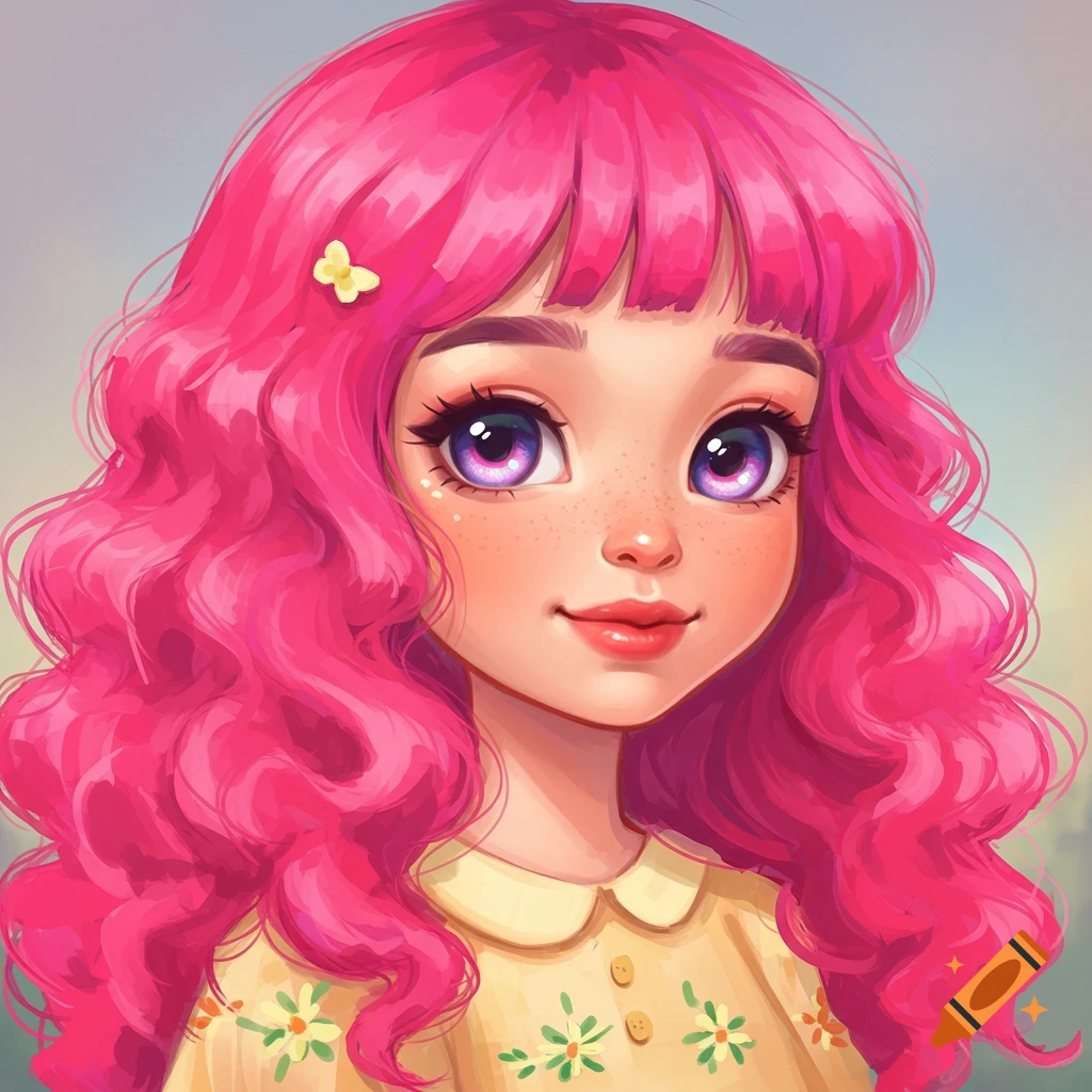 Stylized portrait of a girl with pink curly hair, purple eyes, and a yellow floral dress.