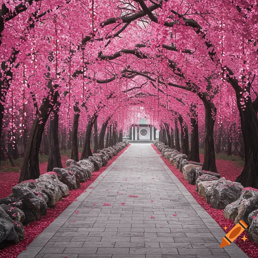 A straight brick path lined with rocks goes through a tunnel of trees with abundant hanging pink flowers, leading to a structure.