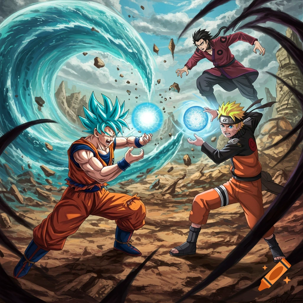 Anime style illustration of Goku and Naruto charging energy attacks against a third figure in a rocky, windswept landscape.